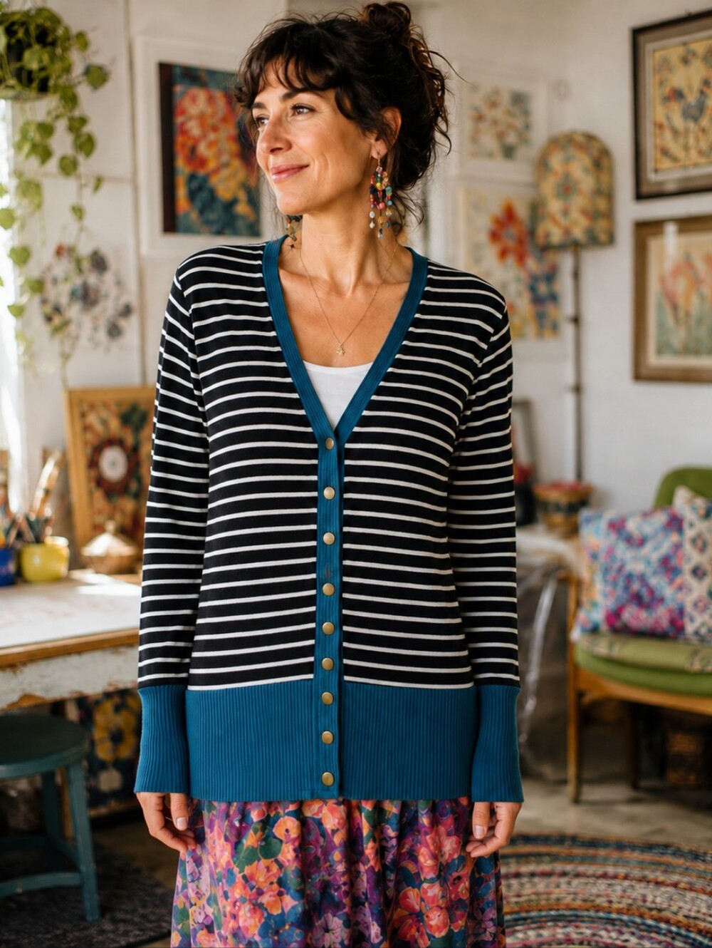 Black White Striped Teal Trim Snap Cardigan M Whimsical Artsy Teacher Coastal
